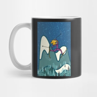 Freestyle woman skier on snowy mountain at dusk Mug